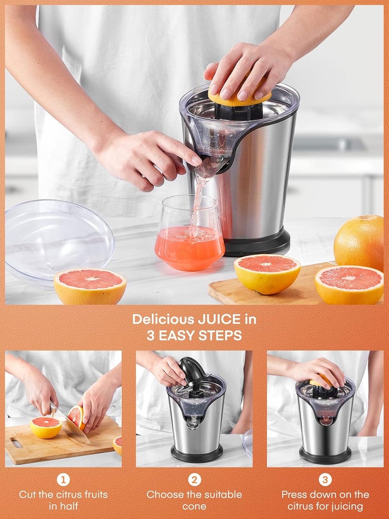 FOHERE Orange Juicer Squeezer Electric Citrus Juicer with Two Interchangeable Cones Suitable for orange, lemon and Grapefruit, Brushed Stainless Steel - Image 4